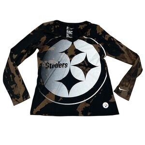 Nike Pittsburgh Steelers Tie Dye Bleached Long Sleeve V Neck T Shirt Women's Lg
